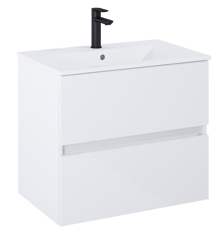 Шкаф Unik N-Cube, 600 x 430 x 565 mm, базов модул с 2 чекмеджета и умивалник, бял гланц